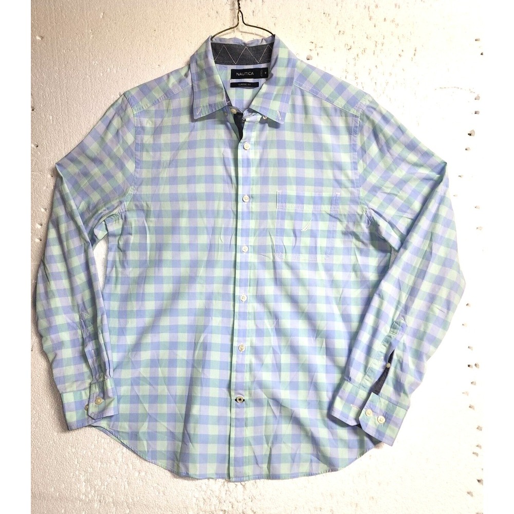 Nautica Shirt Men Medium Purple Green Checkered Button Down Long Sleeves Formal